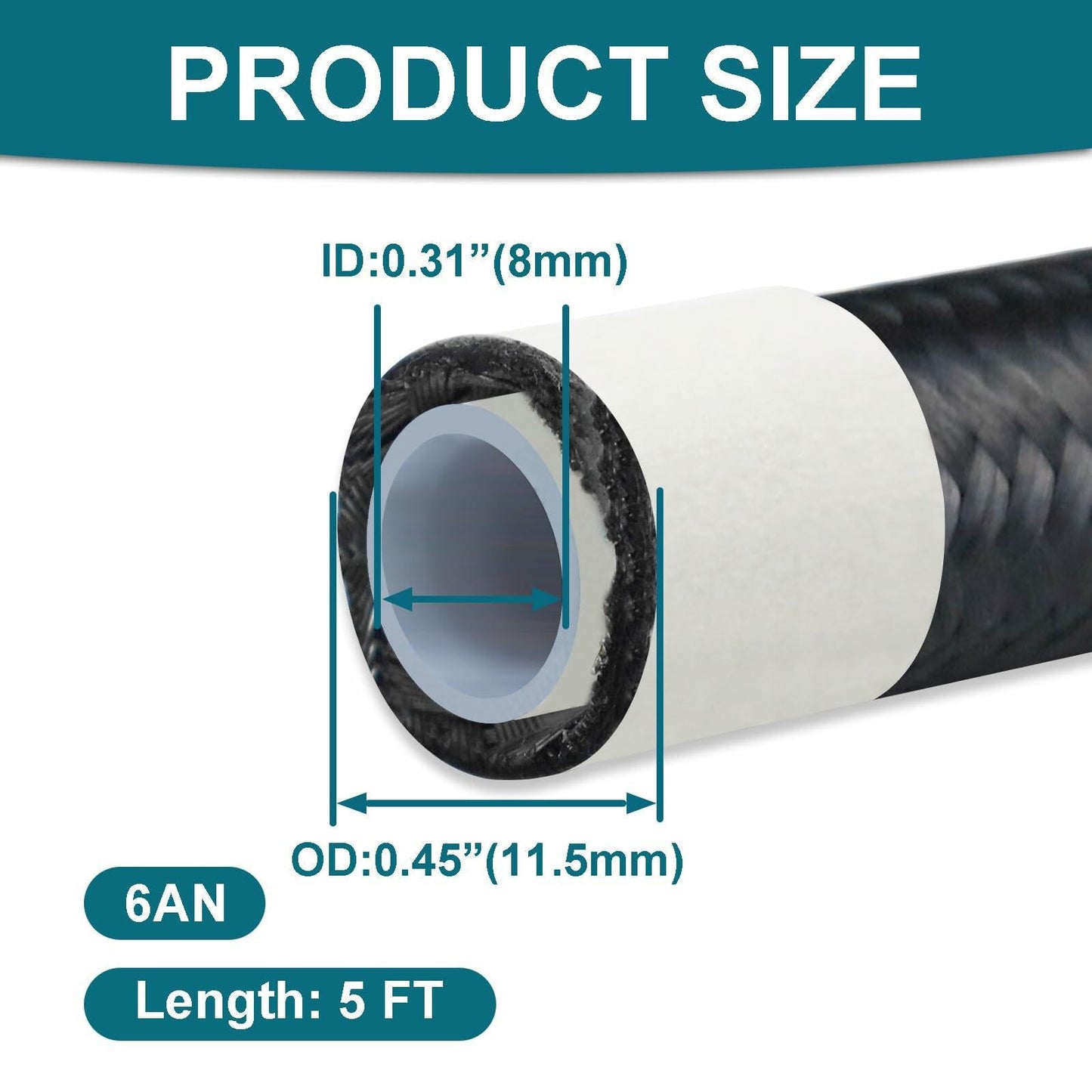 VWTNI 6AN PTFE Nylon Braided Fuel Line Hose 5FT E85 Compatible