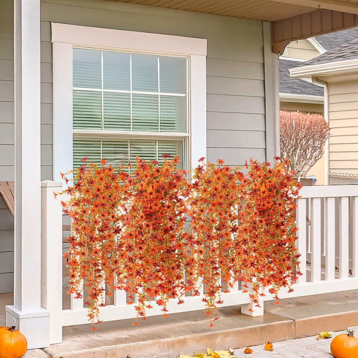 INQCMY Faux Mums Silk Flowers with Autumn Leaves Orange Red 2PCS Outdoor Decor