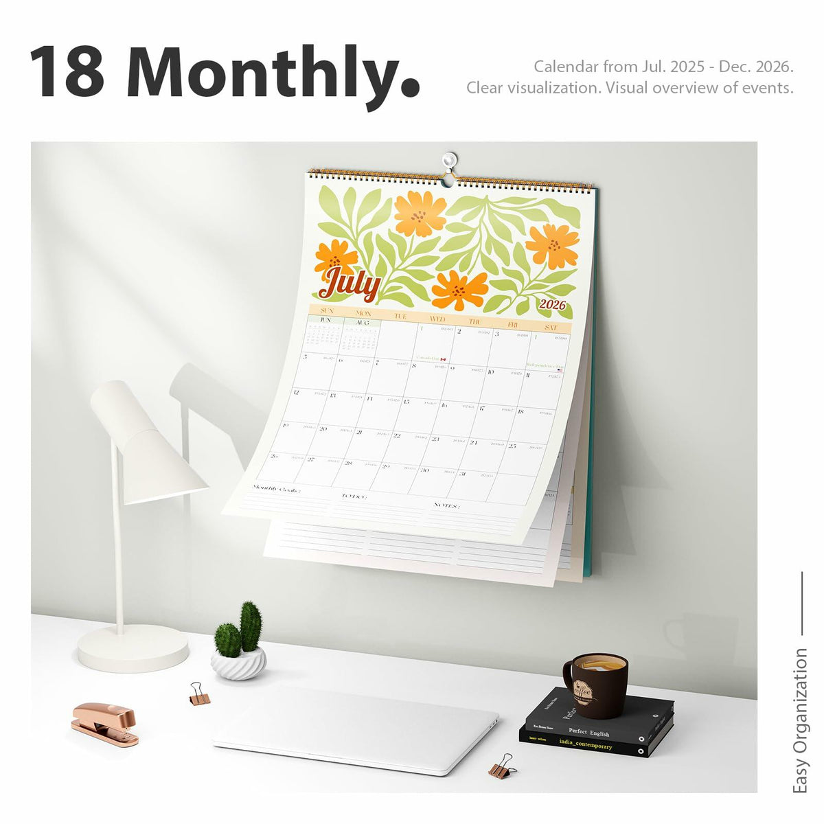 EYROZILL 2025 Wall Calendar Planner Spiral Bound 12x17 Marble Jul25-Dec26
