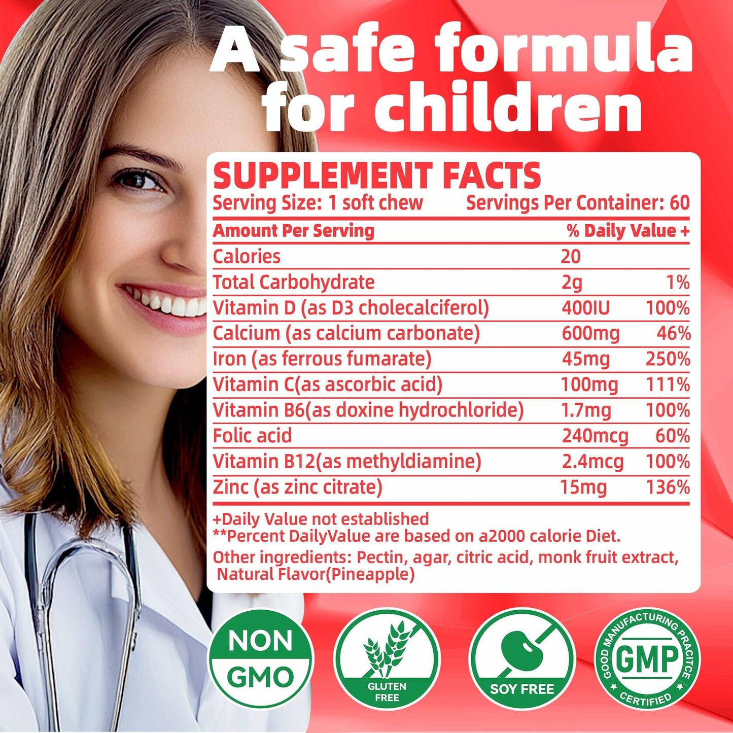 BestBy12/25 Natures Aid Chewable Iron Supplement Strawberry Flavor 2Month Supply