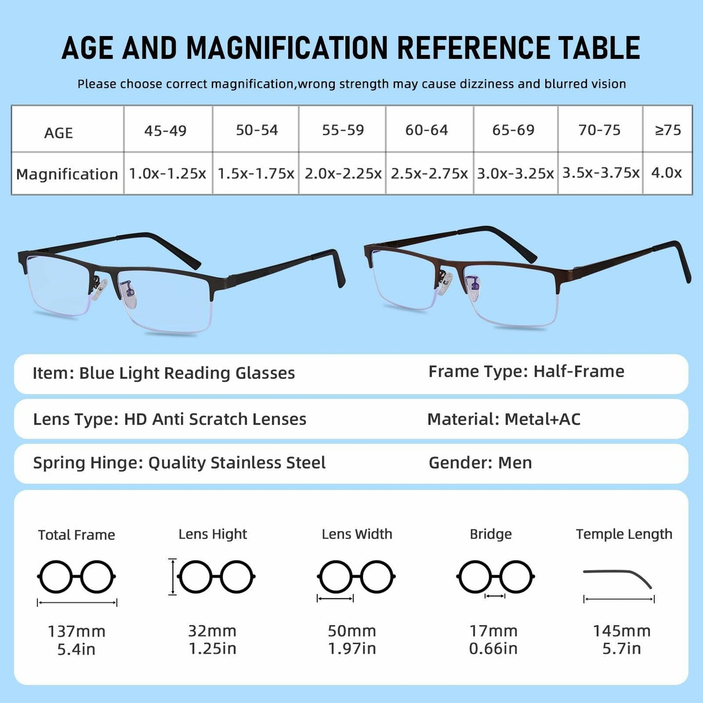 Anourney 3-Pack Men's Reading Glasses +3.0 Metal Half Frame Black Gray