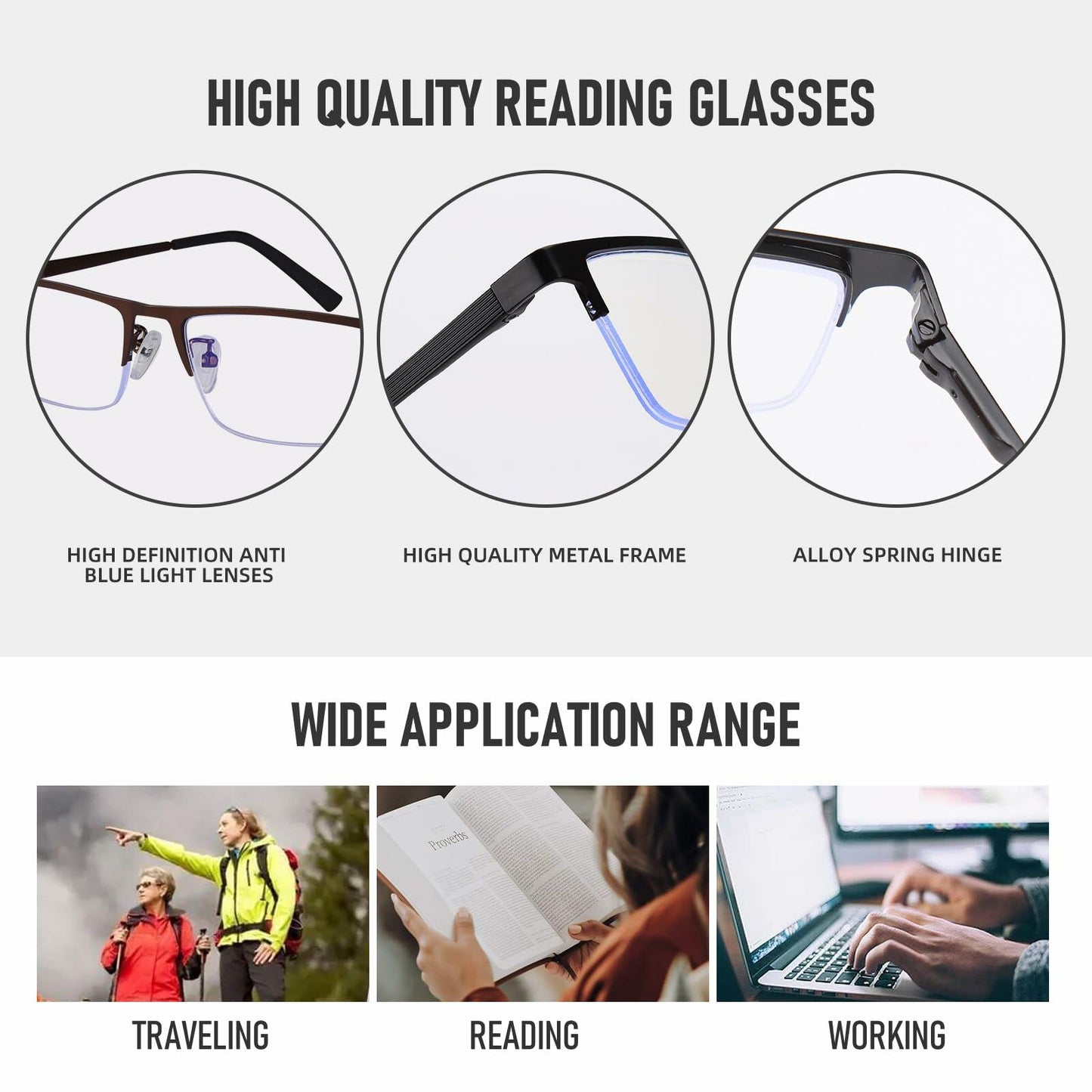 Anourney 3-Pack Men's Reading Glasses +3.0 Metal Half Frame Black Gray