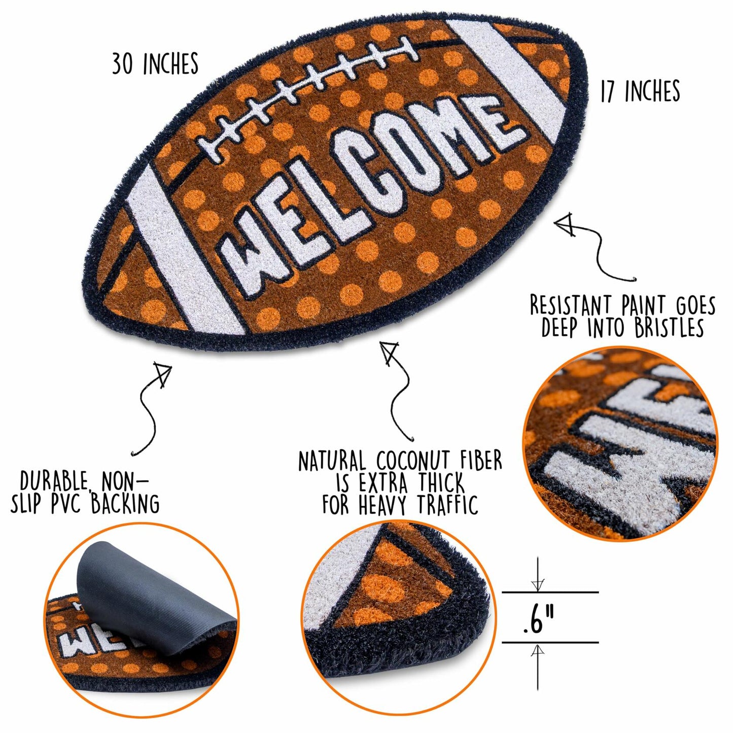 MAINEVENT Fall Football Door Mat 30x17 Inch Outdoor Coir Welcome Rug