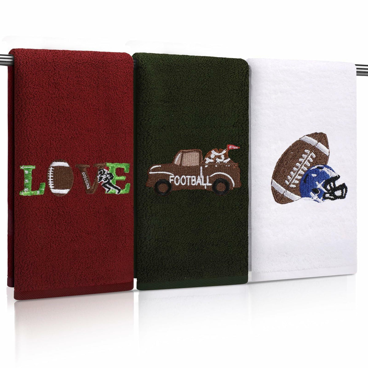 Fanfanwin 3 Pc Cotton Football Hand Towels 14x29 Rust Dark Green White