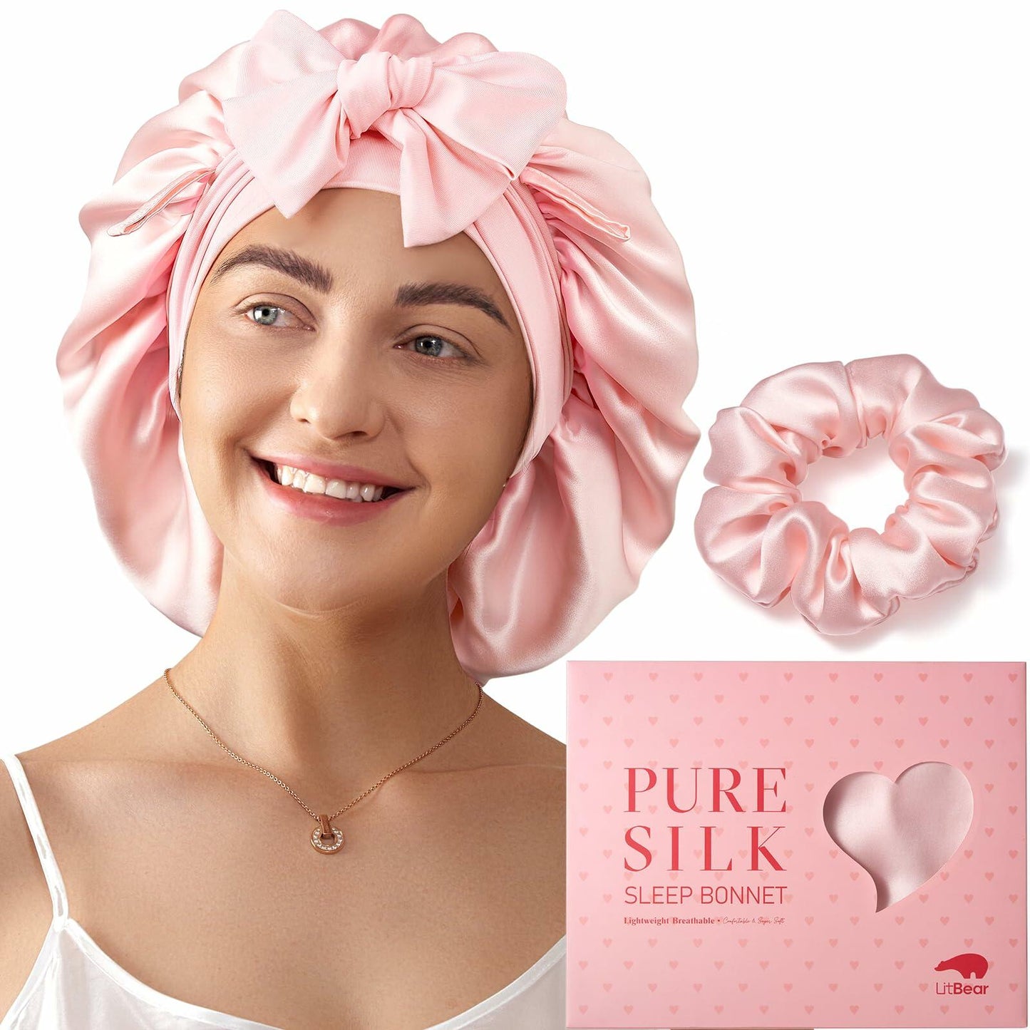 LitBear Mulberry Silk Bonnet 6A 22 Momme Large Double-Layer Pink Tie Band