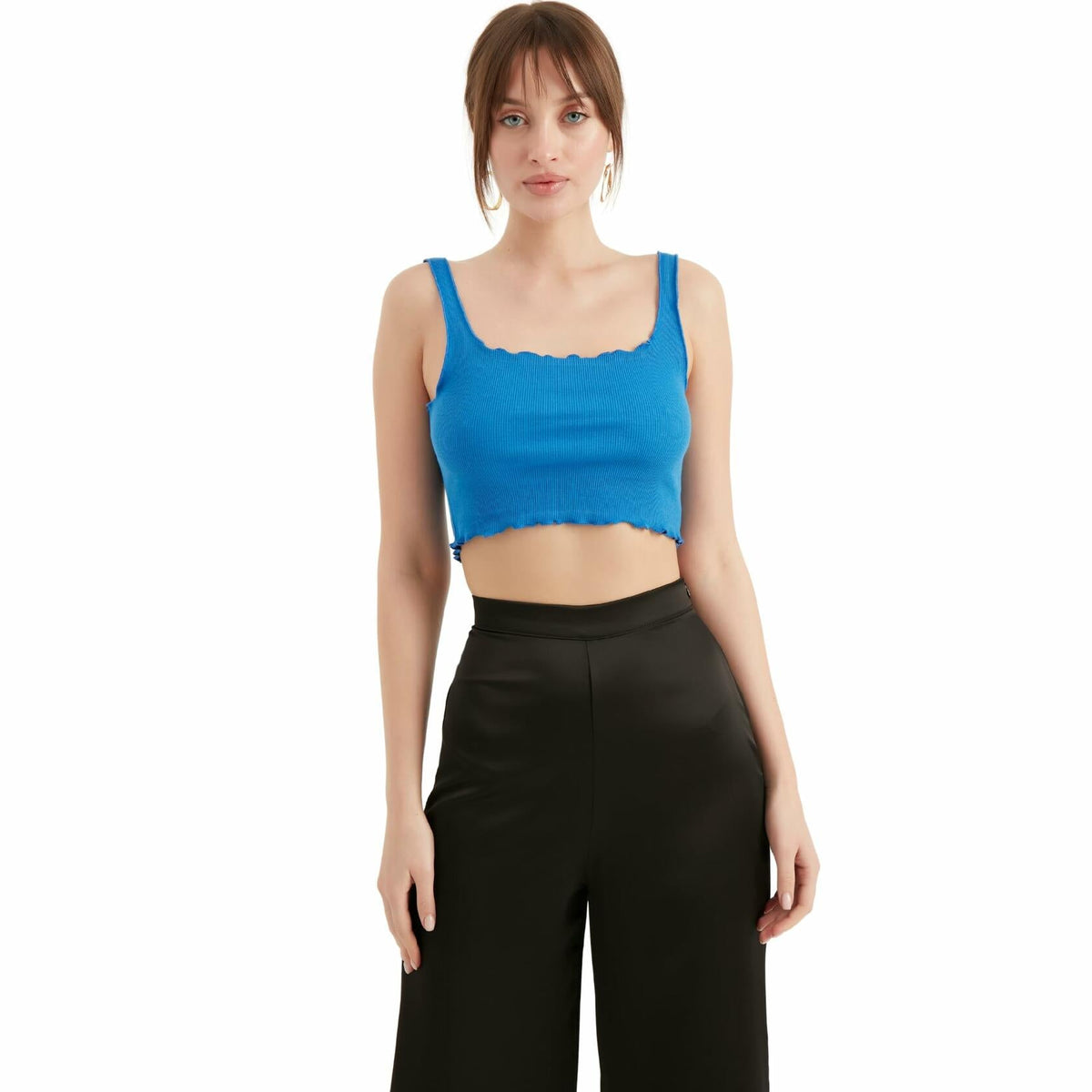 TUBANUR Women's Blue Cotton Sleeveless Crop Top Basic Fitted Tank Size S