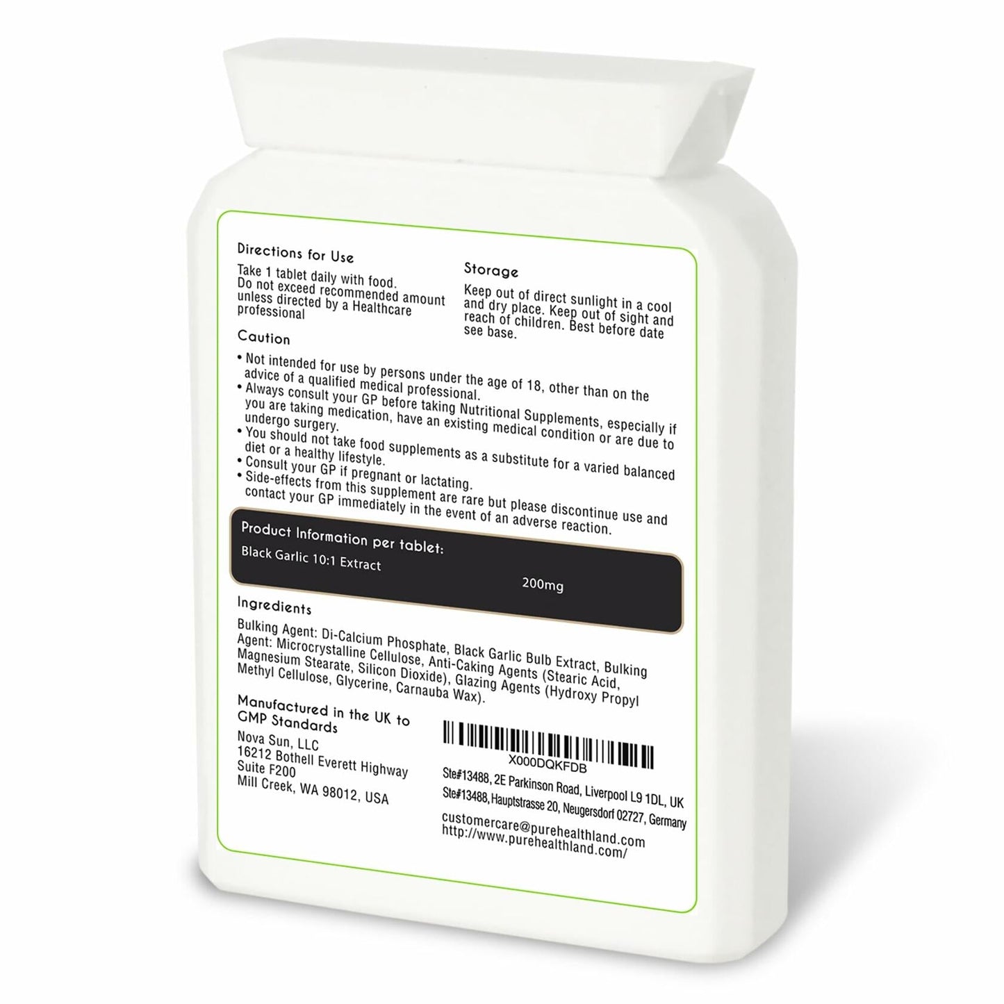 Pure Healthland Black Garlic Supplement Vegan Tablets UK 1 Bottle