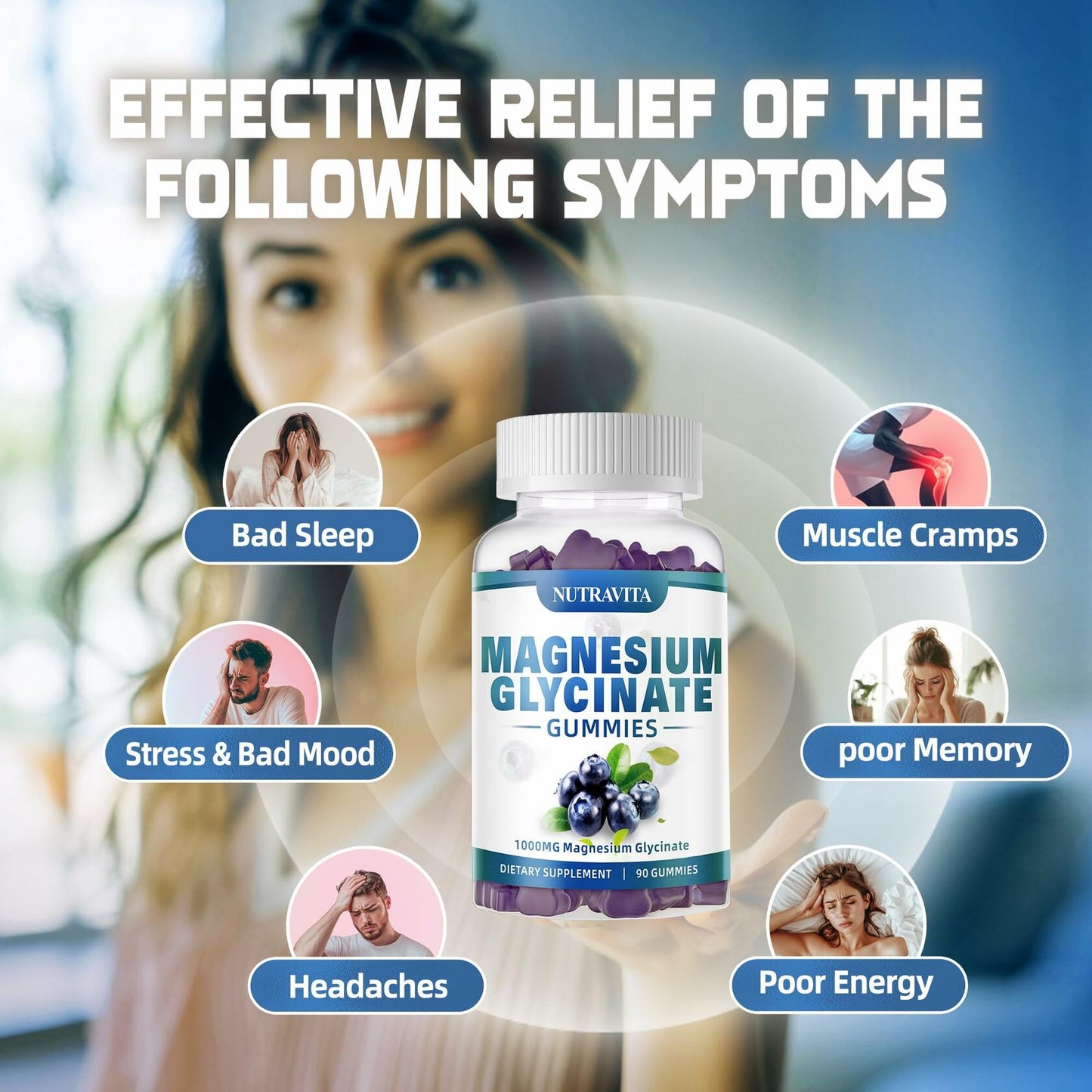 BestBy09/26 Nutravita Magnesium Glycinate Gummies 1000mg 90ct Blueberry