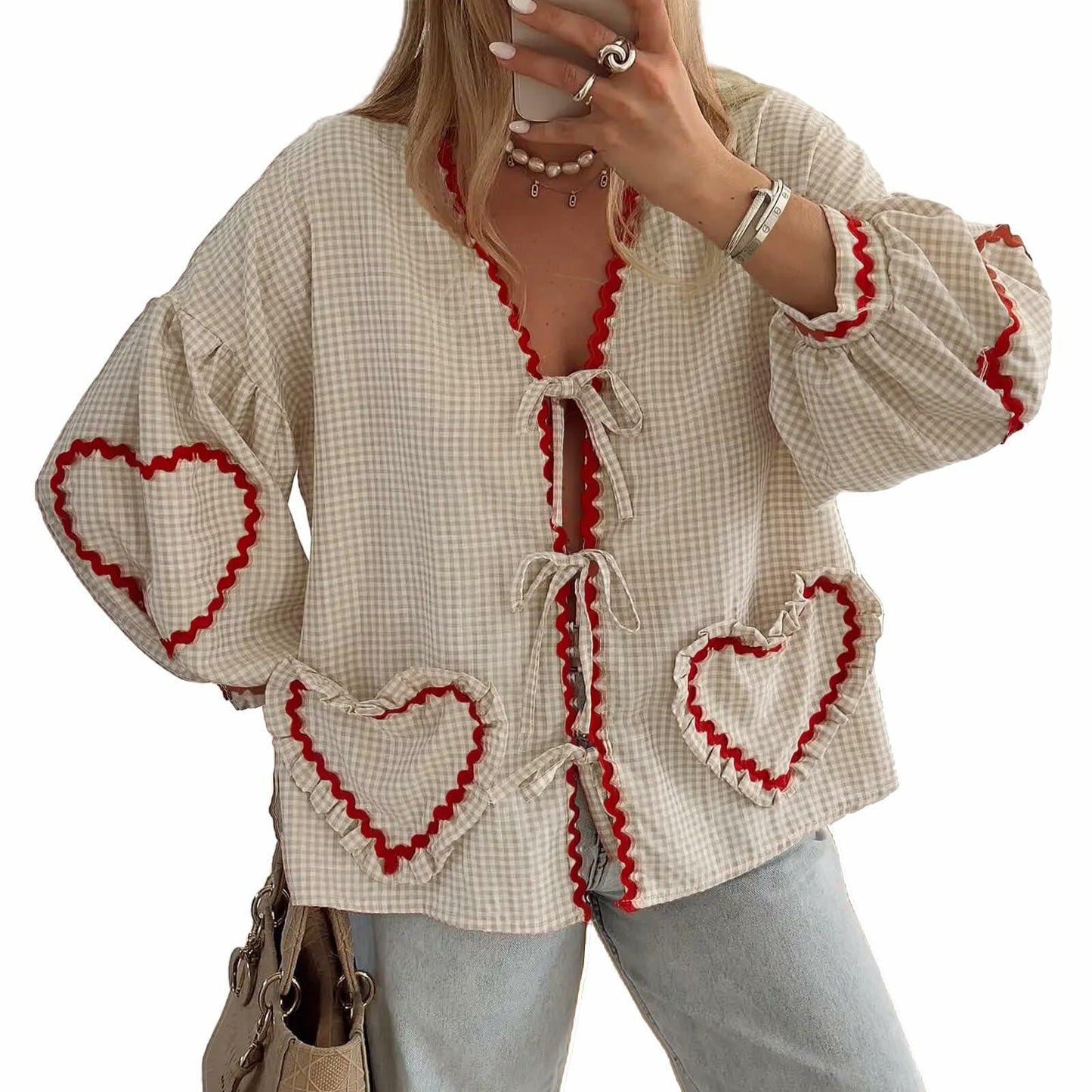 MANGMAO Coquette Tie Front Valentine Shirt Khaki Gingham Long Sleeve Size L