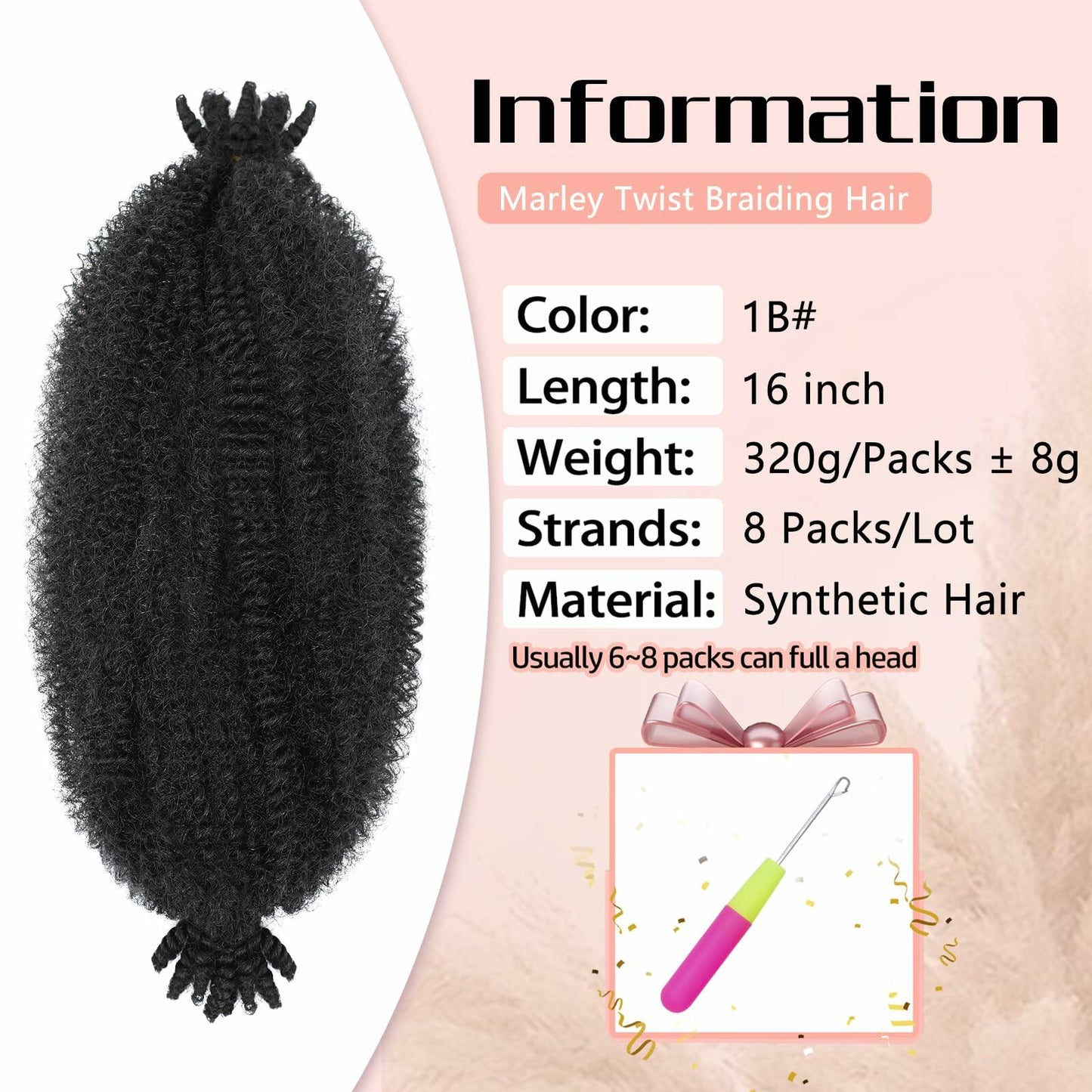 MCNJM Springy Afro Twist Marley Braiding Hair 16 Inch 8 Packs 1B#