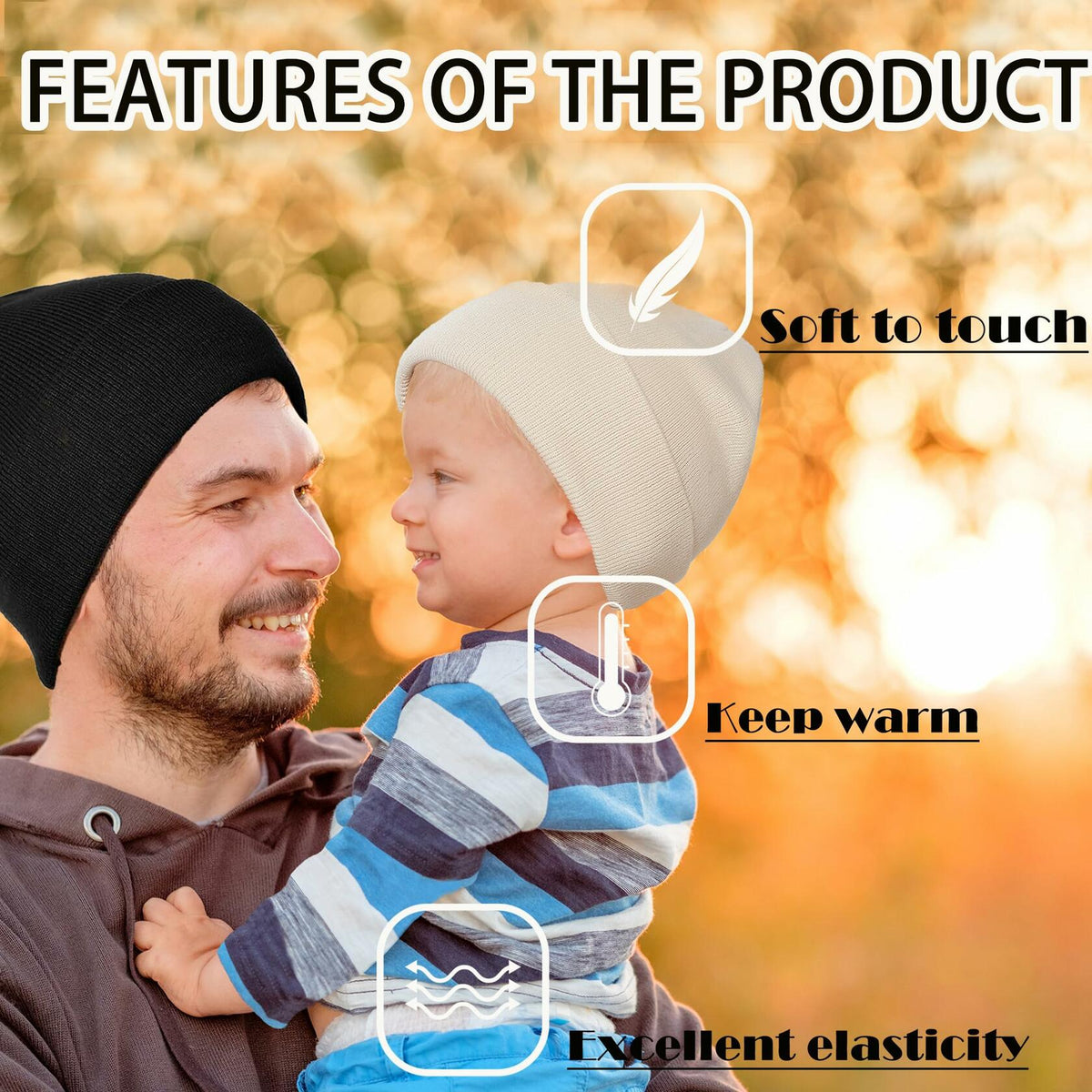 2PCS Parent-Child Beanie Hat Winter Knitted Warm Family Hats Set Beige