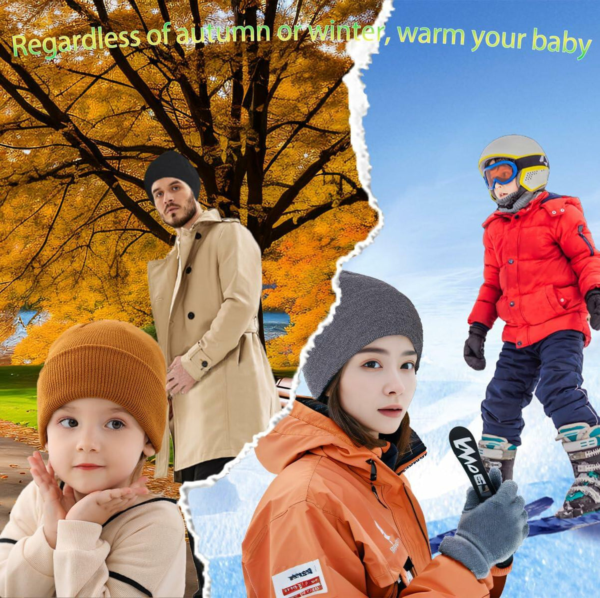 2PCS Parent-Child Beanie Hat Winter Knitted Warm Family Hats Set Beige
