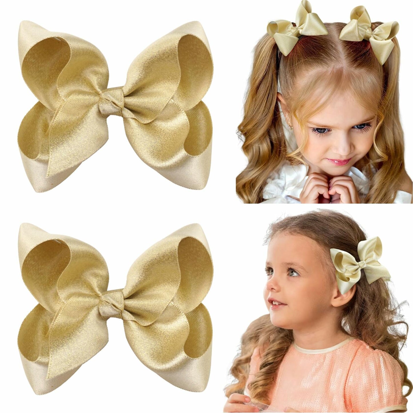 CÉLLOT 4.5" Shining Gold Hair Bows Alligator Clips 2 Pack