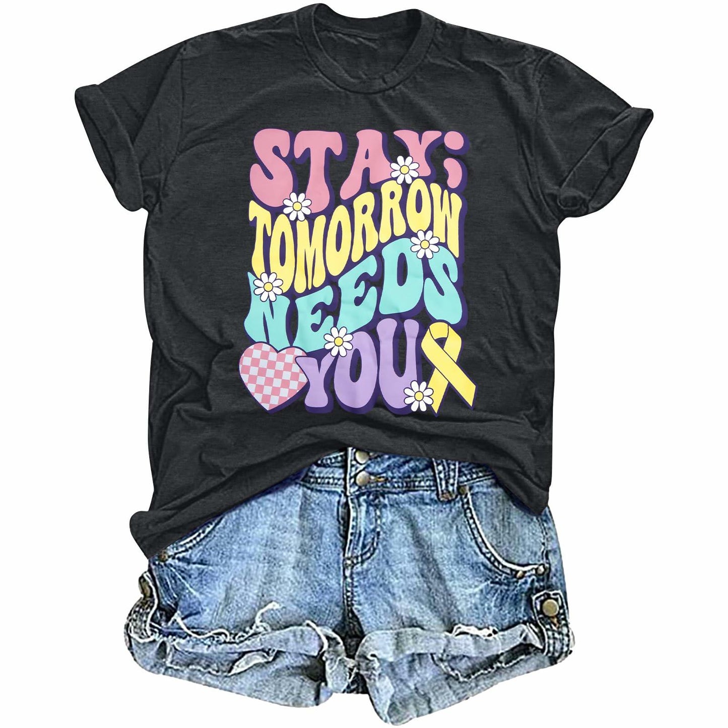 FAYALEQ Suicide Awareness Women Shirt Dark Grey Letter Print Size L