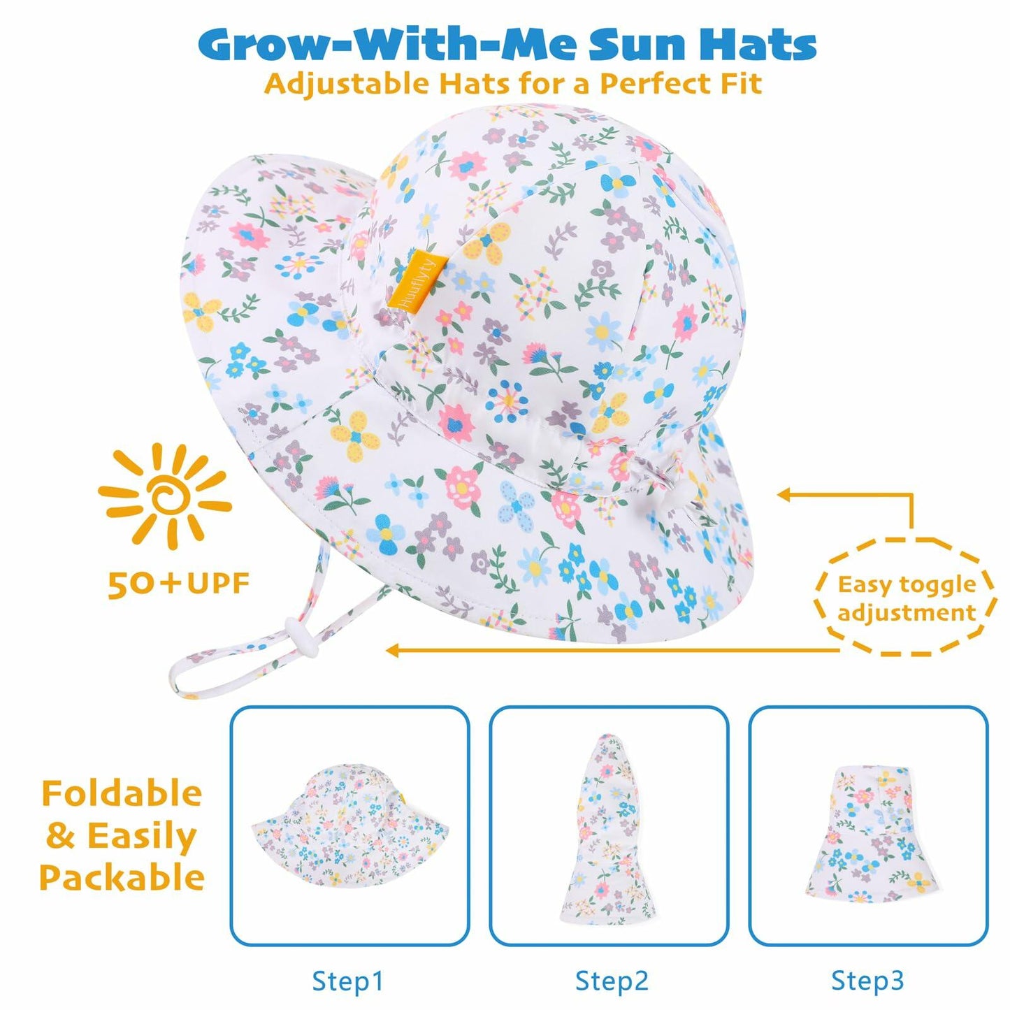 Huuflyty Baby Girl Adjustable Sun Hat Wide Brim UPF 50+ Floral Khaki Size 6-24M