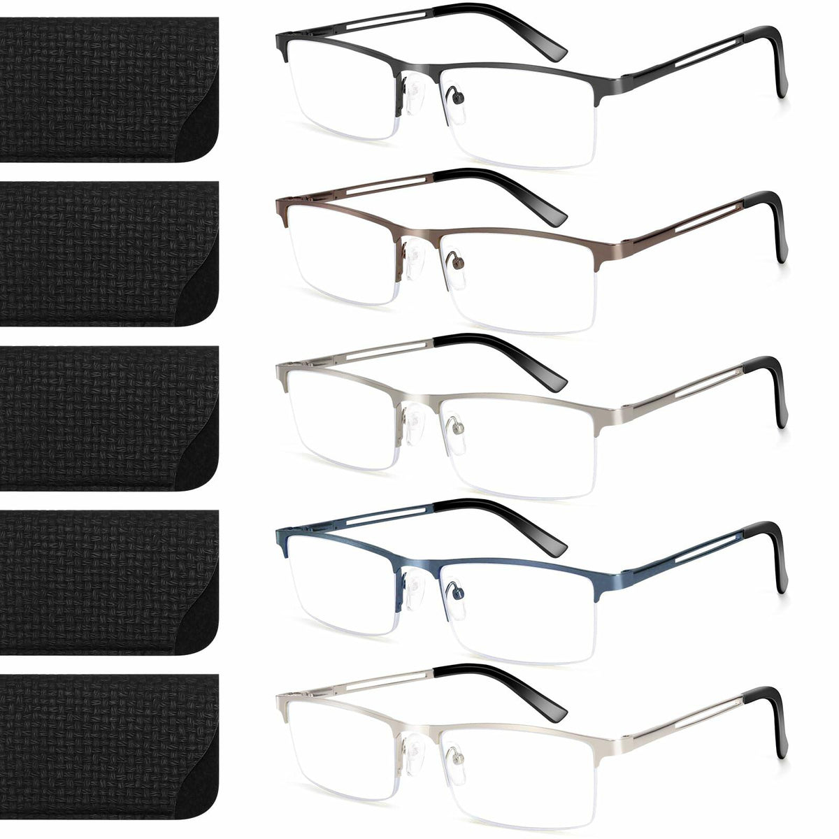 ORANZI 5-Pack Blue Light Blocking Reading Glasses, Half Metal Frame, 1.00