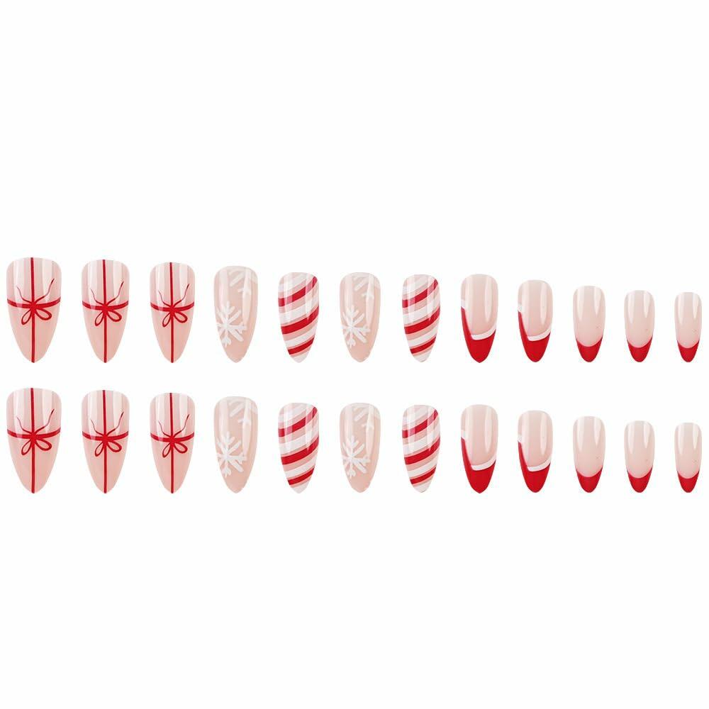 Short Almond Press-On Nails Red French Tip White Snowflake Fake Nails 24PCS