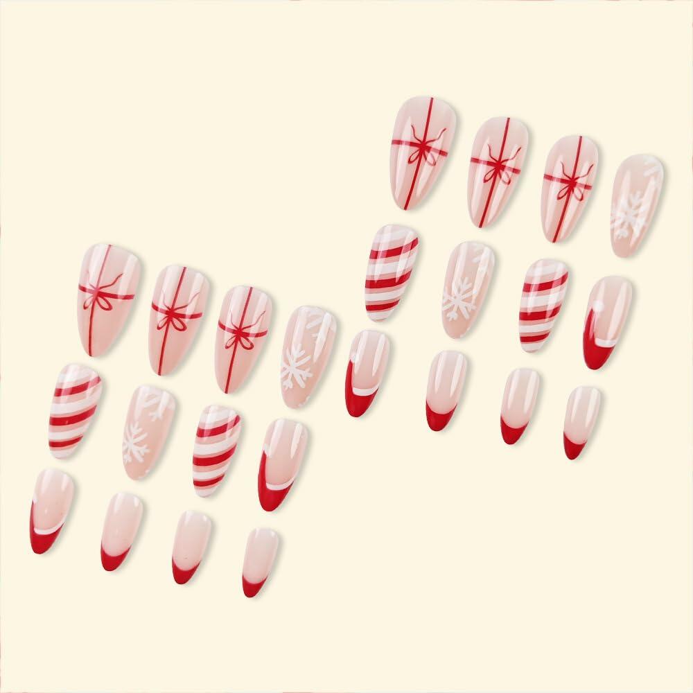 Short Almond Press-On Nails Red French Tip White Snowflake Fake Nails 24PCS