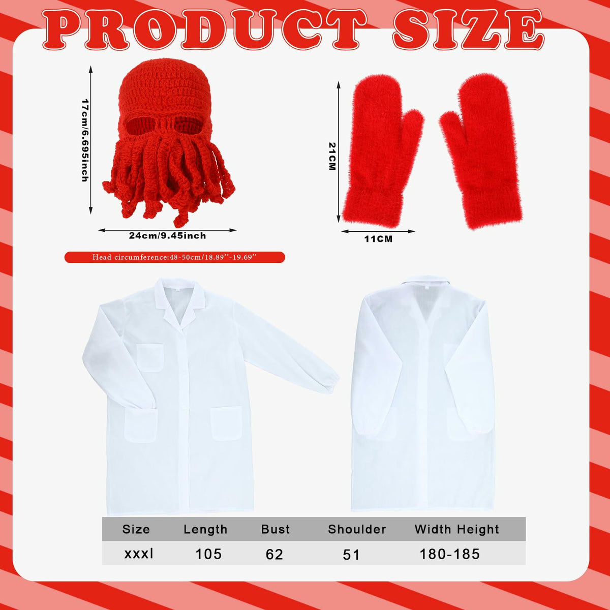Newcotte Adult Lobster Doctor Costume Set Red White 3 Pcs