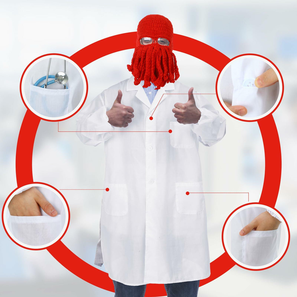 Newcotte Adult Lobster Doctor Costume Set Red White 3 Pcs