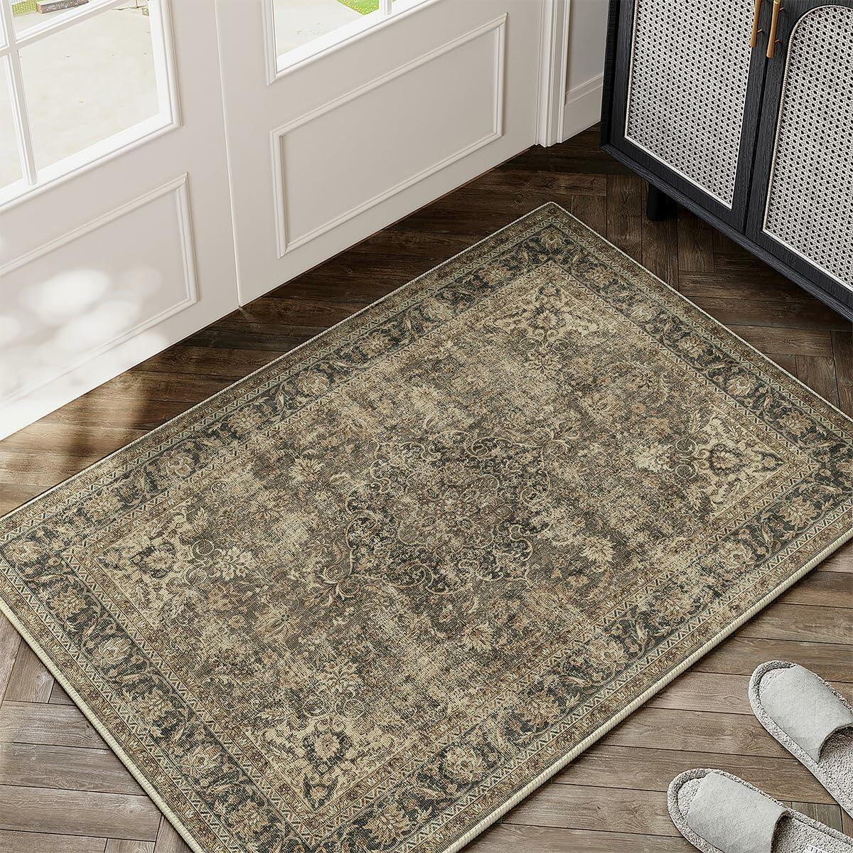 WondRg 2x3 Washable Non-Slip Low Pile Vintage Area Rug Beige