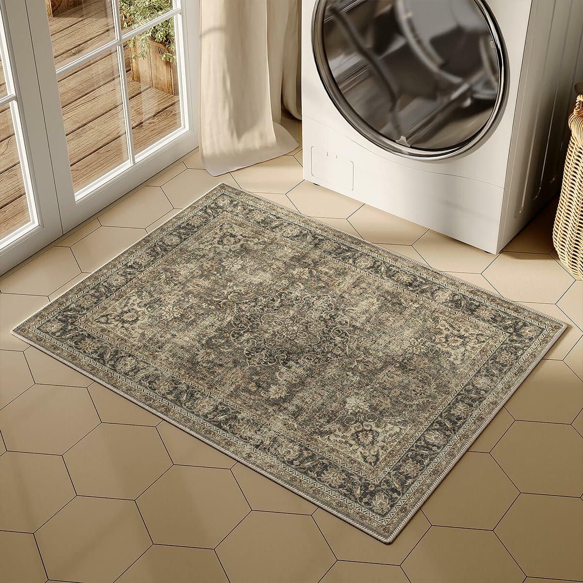 WondRg 2x3 Washable Non-Slip Low Pile Vintage Area Rug Beige