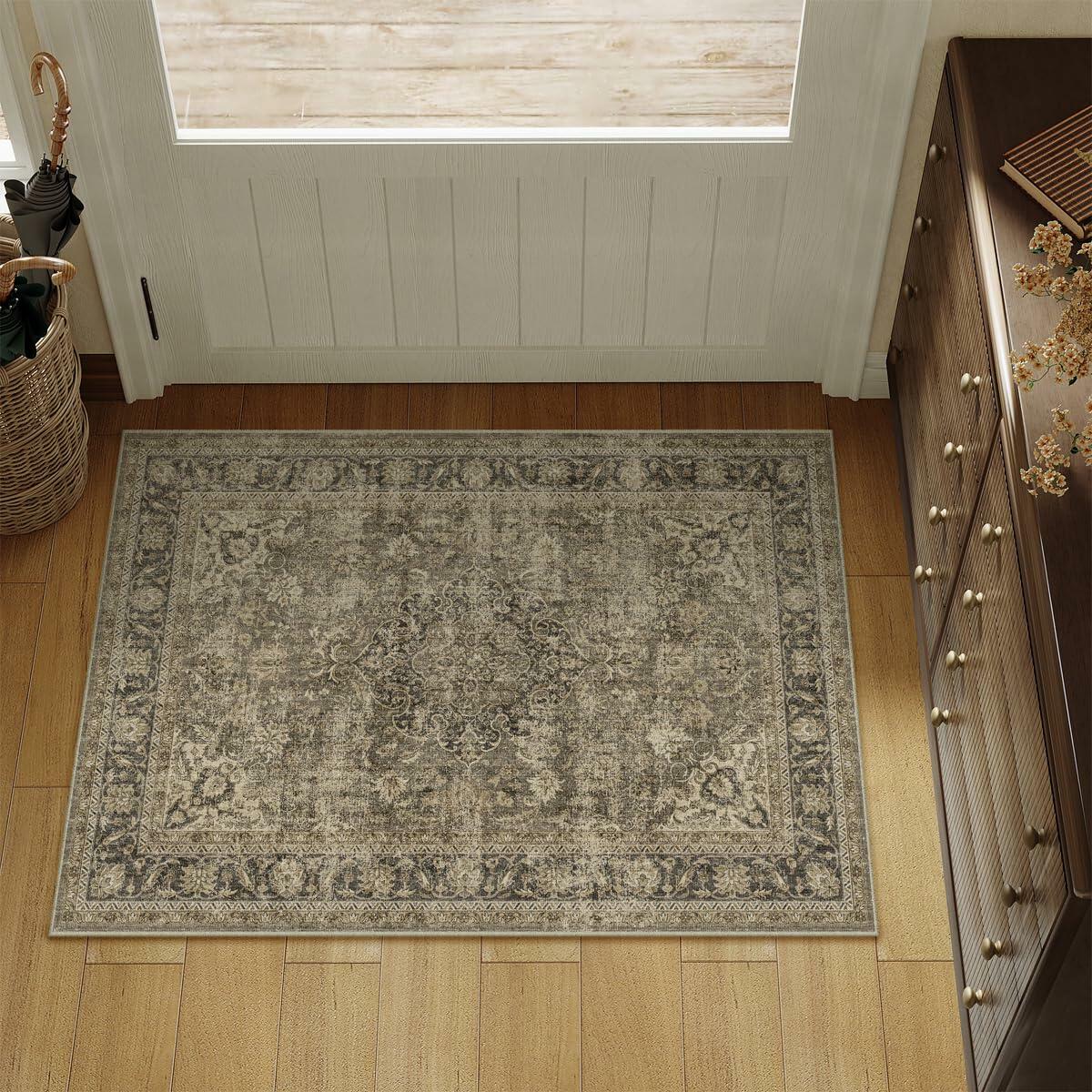 WondRg 2x3 Washable Non-Slip Low Pile Vintage Area Rug Beige