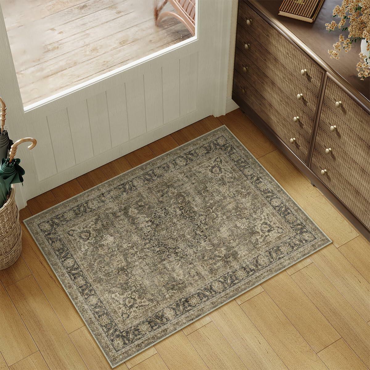 WondRg 2x3 Washable Non-Slip Low Pile Vintage Area Rug Beige