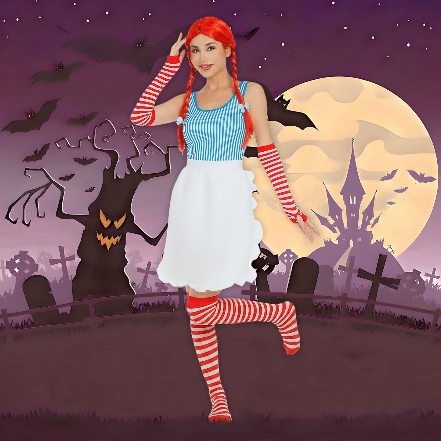 POEWAUVE Women Halloween Fast Food Costume Set Wig Apron Socks Gloves