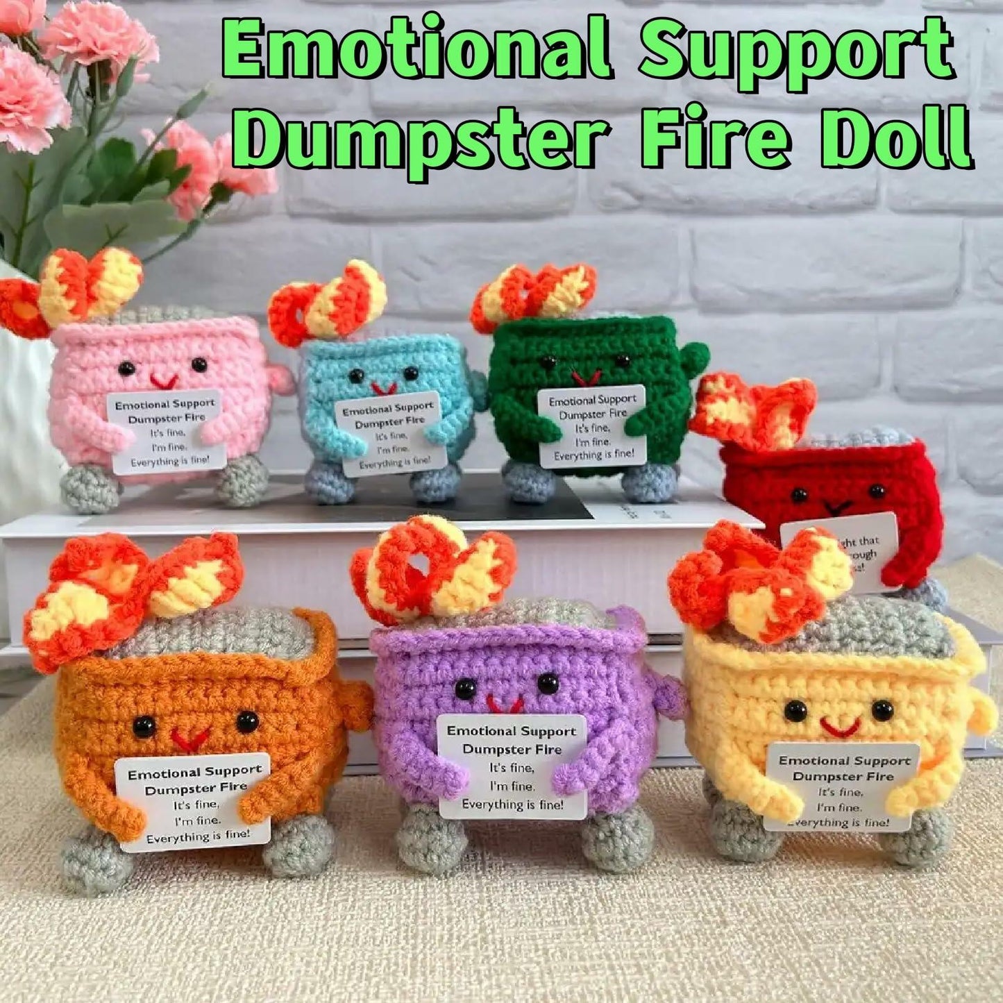 Seodon Emotional Support Dumpster Fire Crochet Doll with Encouragement Card Red