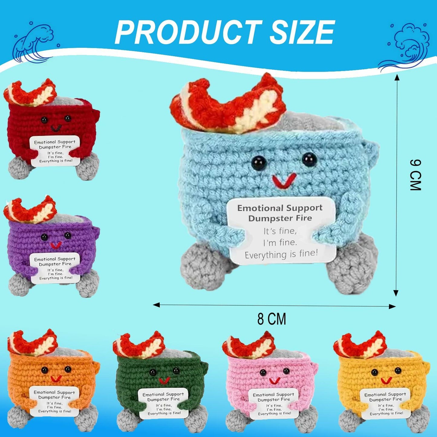Seodon Emotional Support Dumpster Fire Crochet Doll with Encouragement Card Red