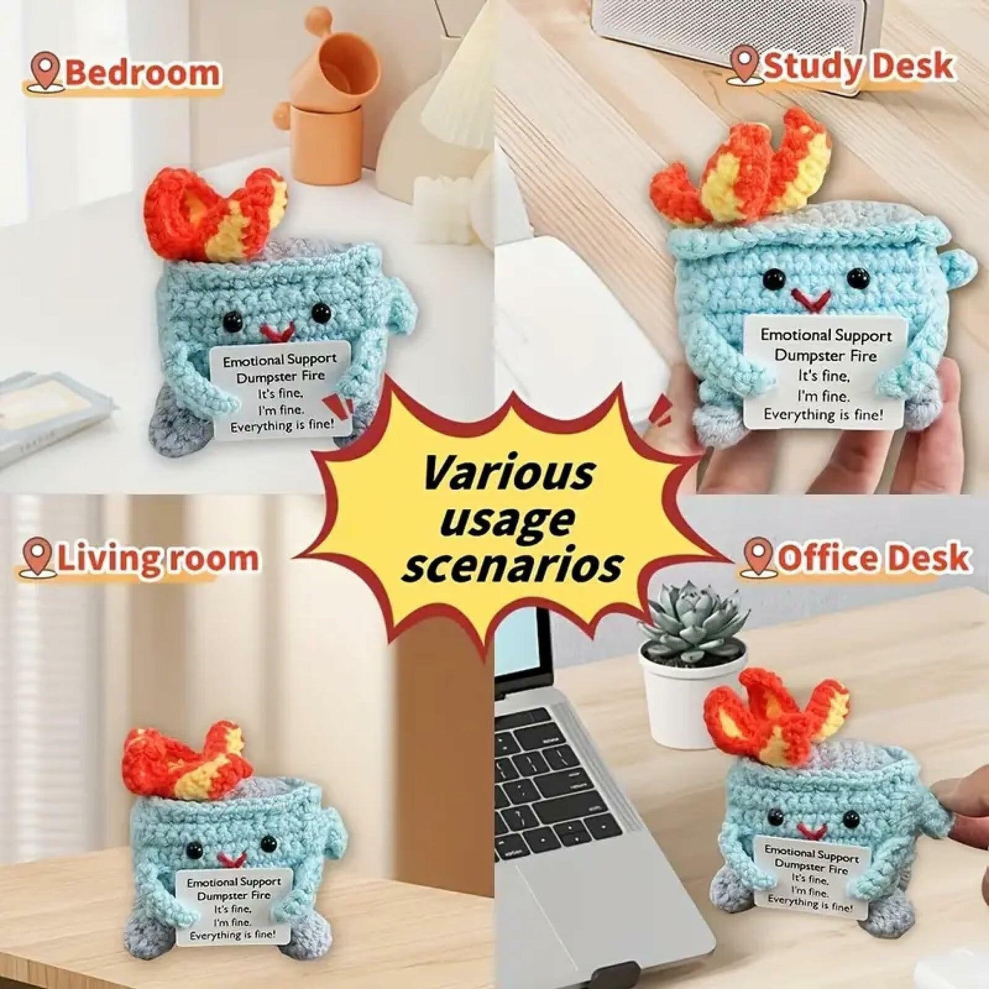 Seodon Emotional Support Dumpster Fire Crochet Doll with Encouragement Card Red