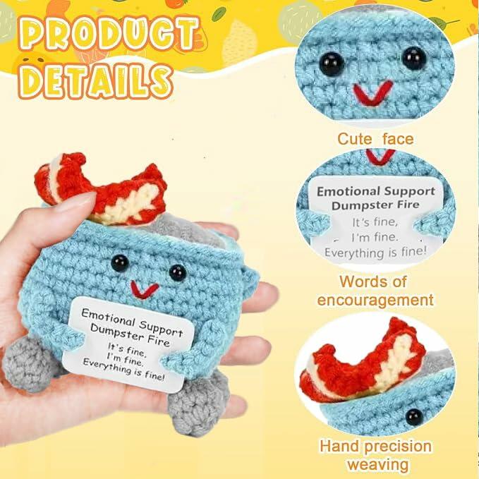 Seodon Emotional Support Dumpster Fire Crochet Doll with Encouragement Card Red
