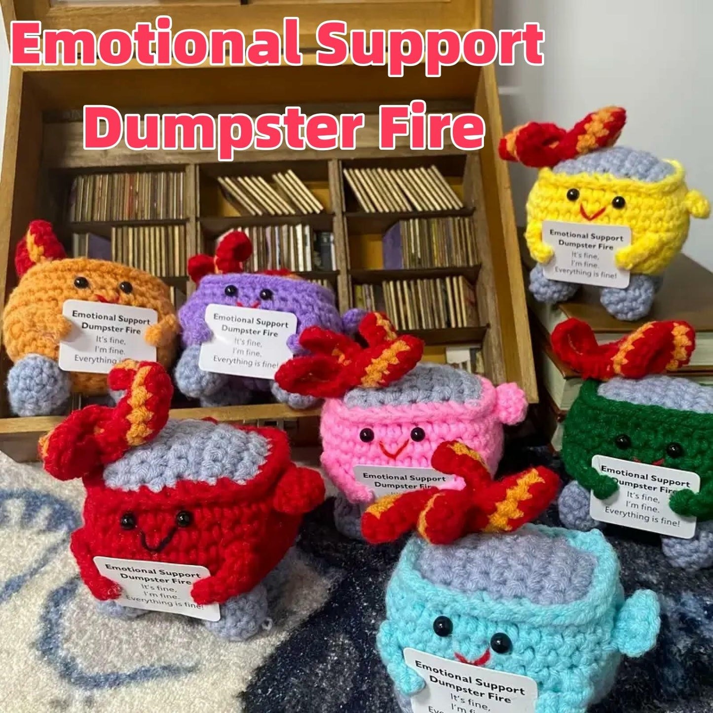 Seodon Emotional Support Dumpster Fire Crochet Doll with Encouragement Card Red