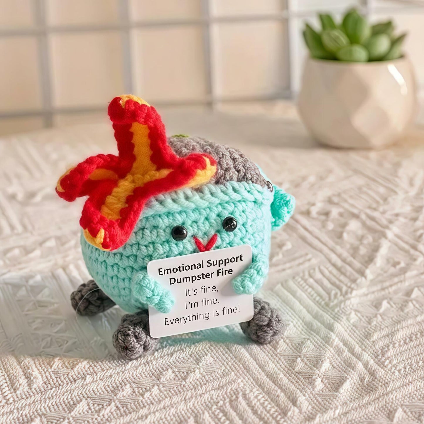 Seodon Emotional Support Dumpster Fire Crochet Doll with Encouragement Card Red