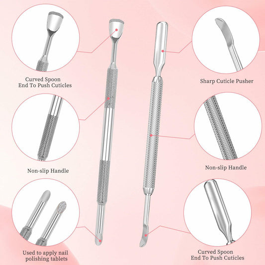 BOMOQING Cuticle Pusher 2PCS & 60 Nail Sand Polishing Tablets Silver Kit