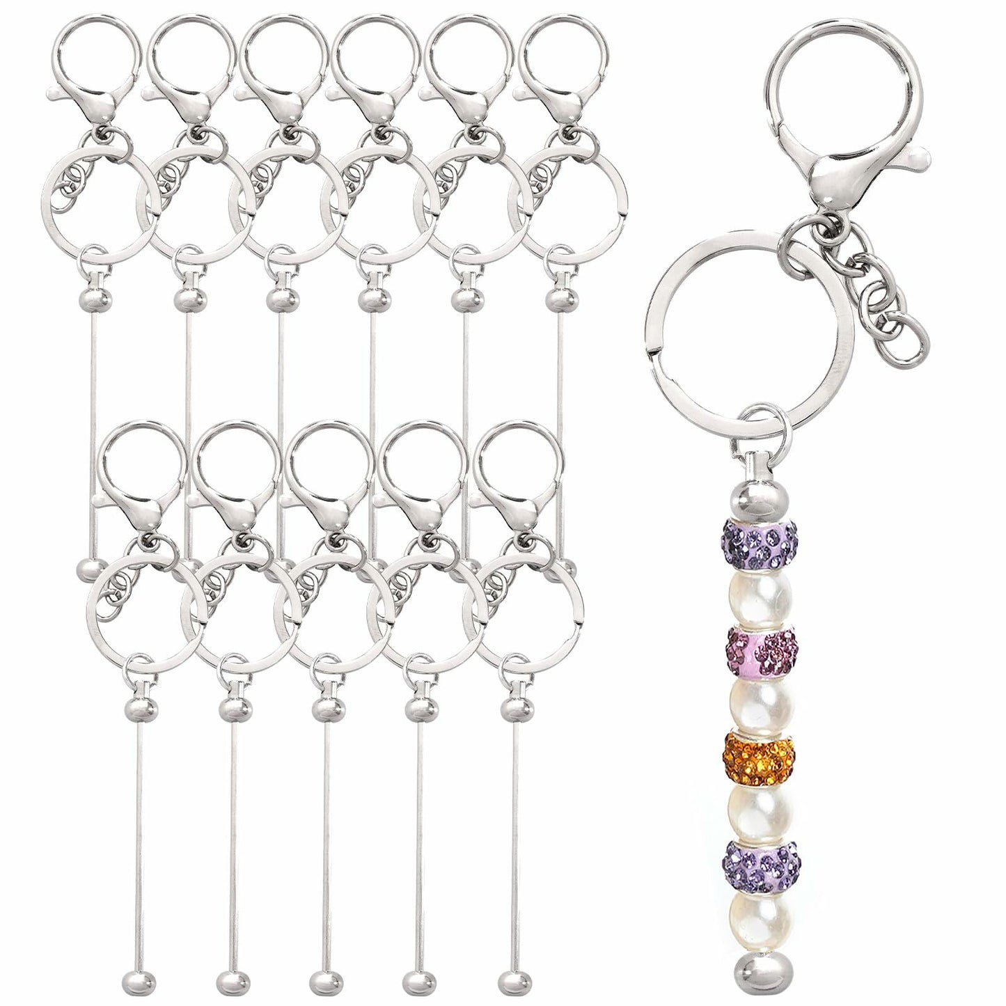Rthjsfj 12Pcs Beadable Metal Keychain Bars for Beads DIY Craft Kit Silver