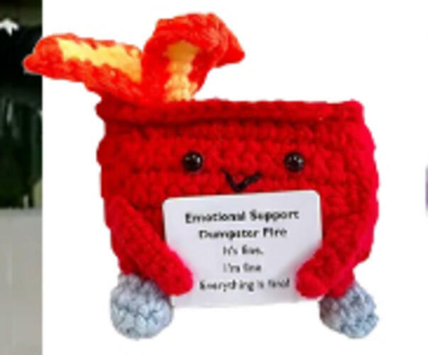 Seodon Emotional Support Dumpster Fire Crochet Doll with Encouragement Card Red