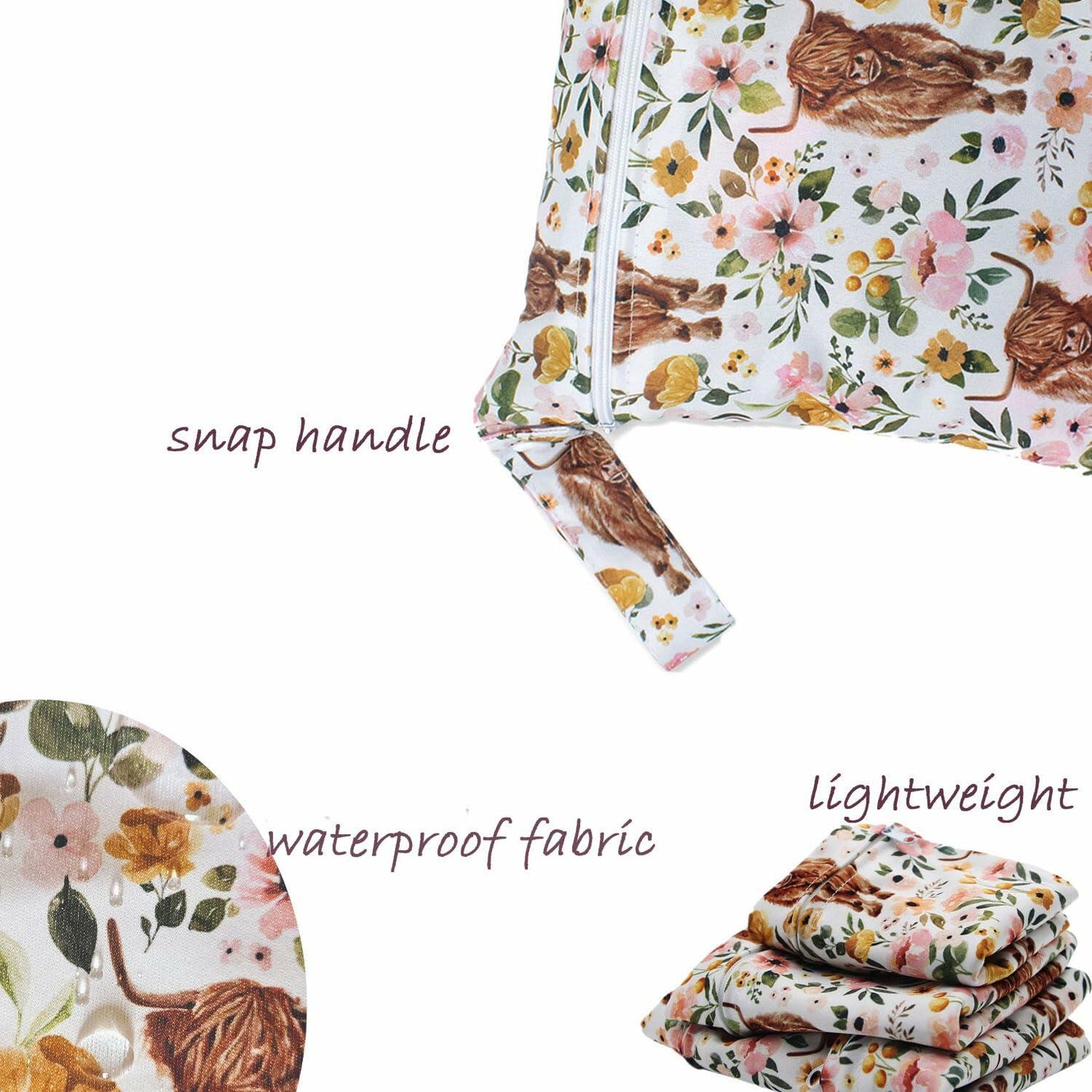 Little Jump Waterproof Cloth Diaper Wet Dry Bag Western Floral Cow Size S M L