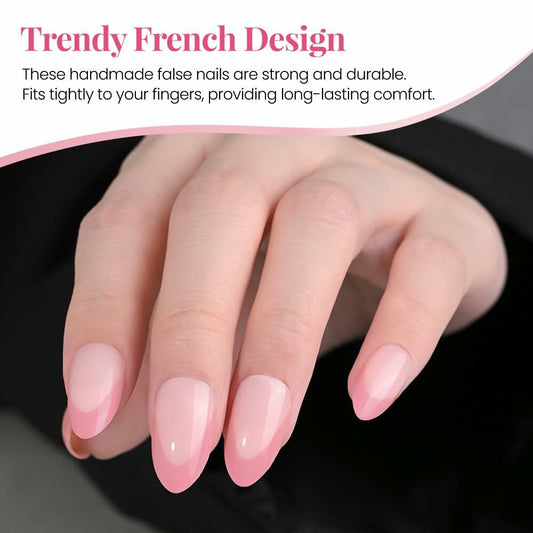 XZMeiLun Rose Pink French Tip Press On Nails Short Almond 30 Pcs