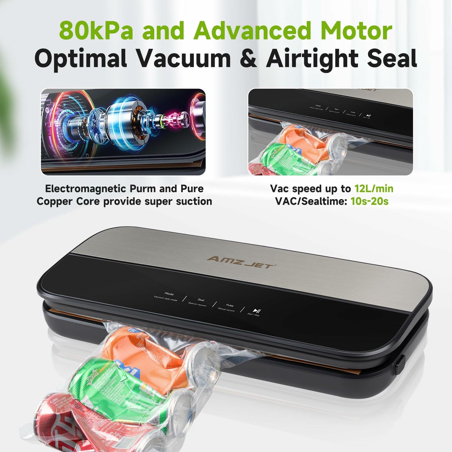 Amz Jet Food Sealer Vacuum Sealer Stainless Steel LED Touch 50Bags Grayish Black