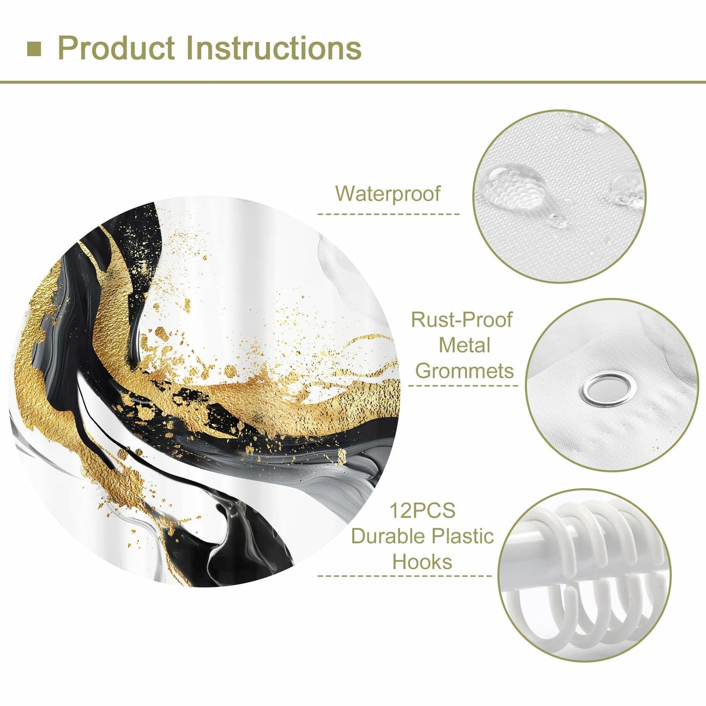 Omifly Marble Shower Curtain 72x72 Black White Gold with 12 Hooks
