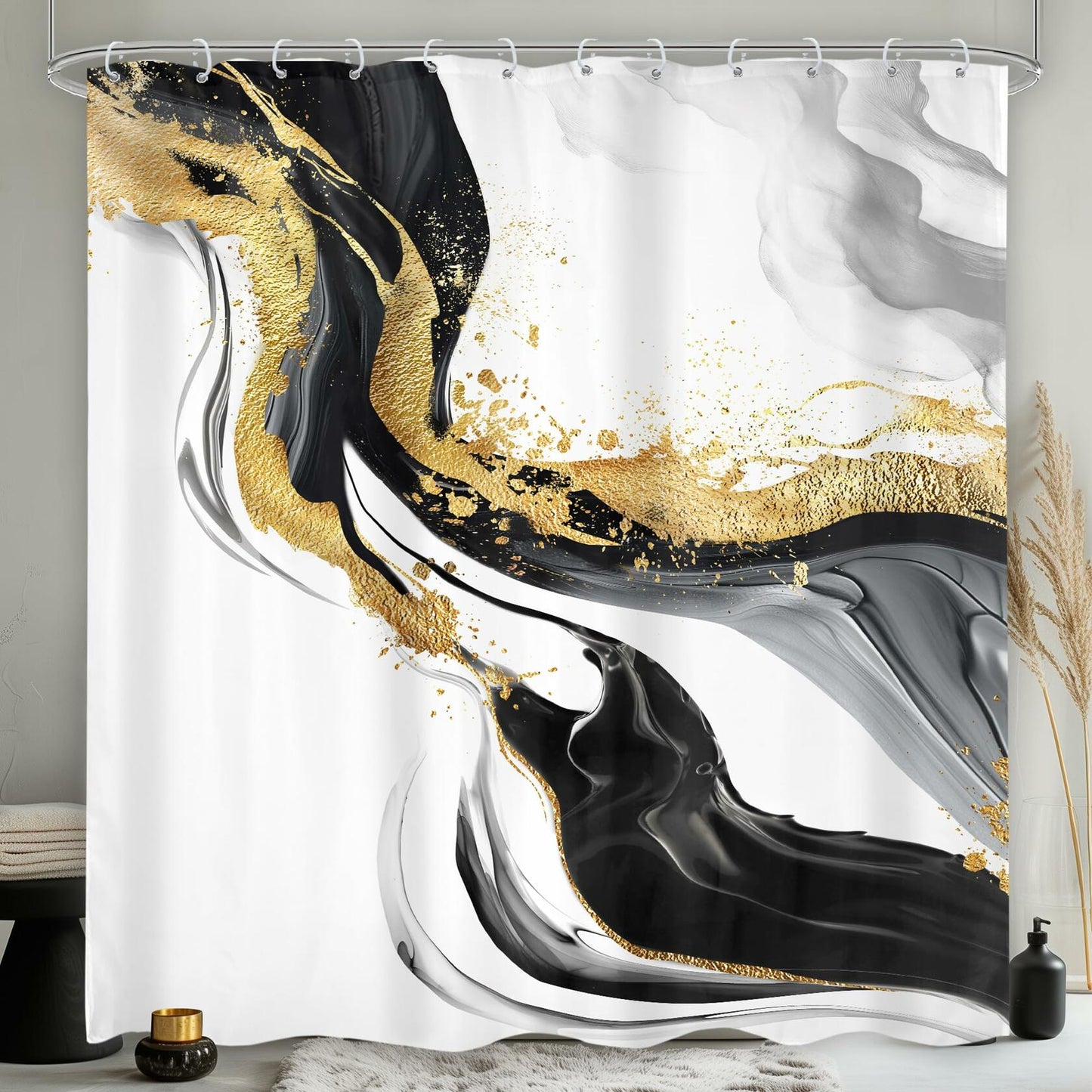 Omifly Marble Shower Curtain 72x72 Black White Gold with 12 Hooks