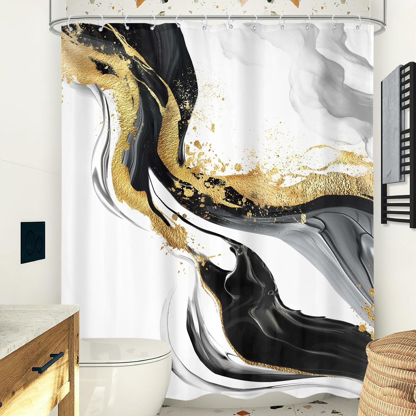 Omifly Marble Shower Curtain 72x72 Black White Gold with 12 Hooks