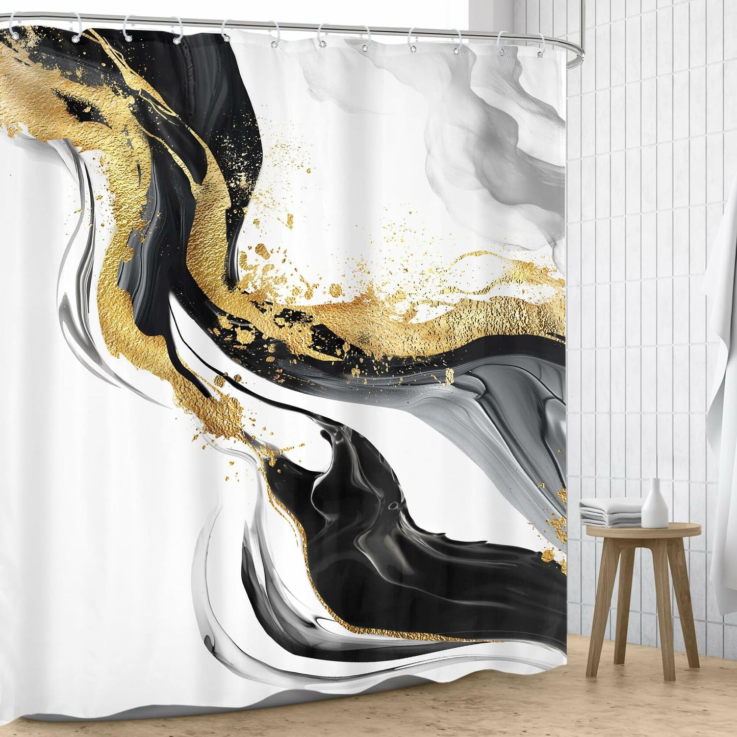 Omifly Marble Shower Curtain 72x72 Black White Gold with 12 Hooks