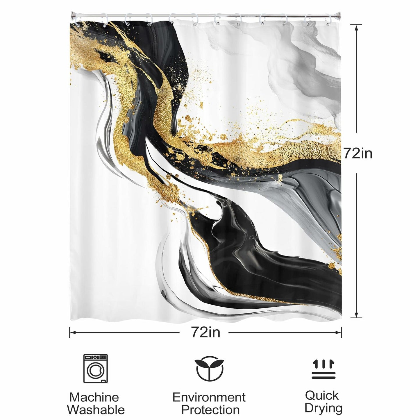 Omifly Marble Shower Curtain 72x72 Black White Gold with 12 Hooks