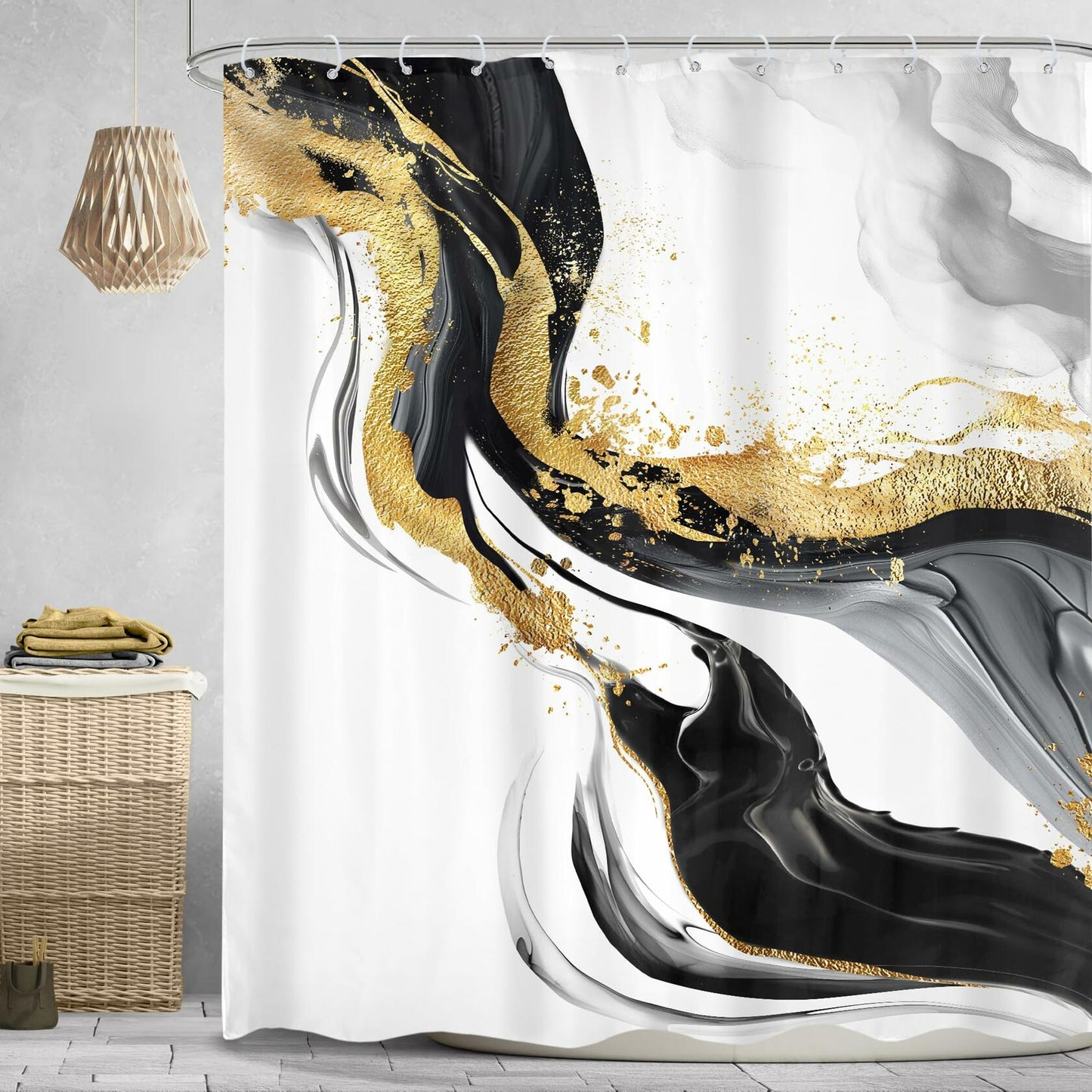 Omifly Marble Shower Curtain 72x72 Black White Gold with 12 Hooks