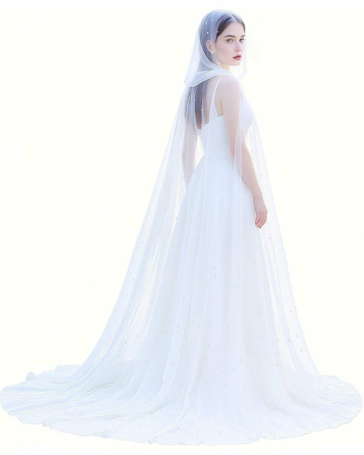 Geyoga Women Peals Tulle Hooded Cape Sheer Elf Cloak White