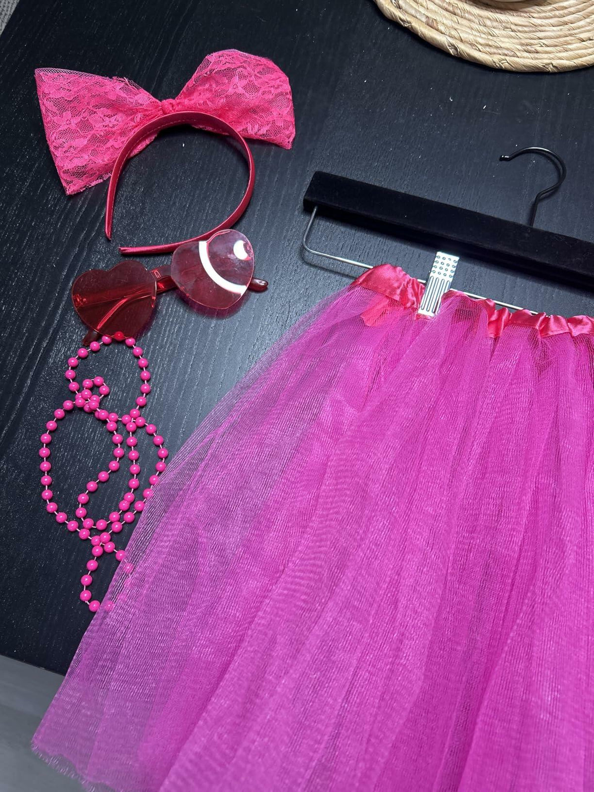 Rthjsfj Tulle Tutu Skirt Pink with Bow Headband Beads Necklace Sunglasses