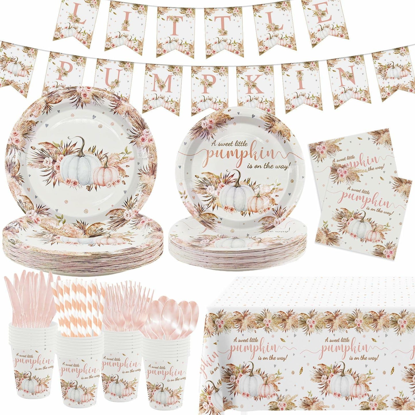 MEHOFOND Boho Fall Pumpkin Baby Shower Decorations 194 Pcs Floral Set